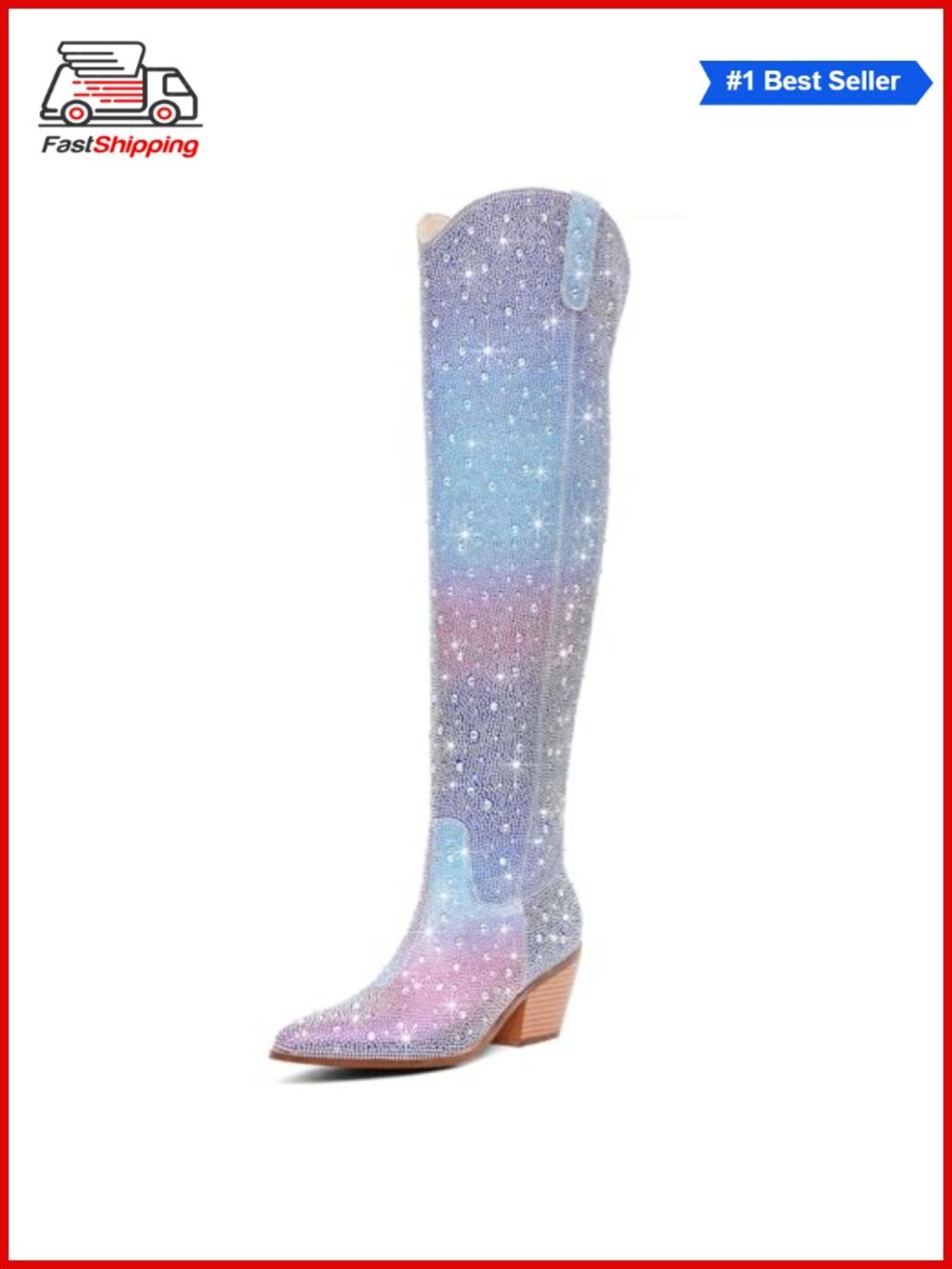 ✨ Rhinestone Over the Knee Cowboy Boots Sparkly Bling Cowgirl Faux Leather